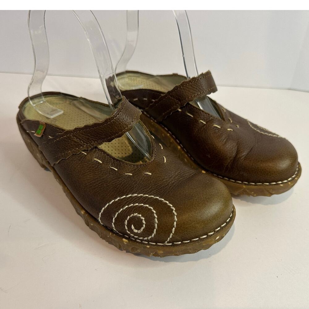 El Naturalista Leather Mary Jane Clogs Brown Embroidered Women's 38 Gorpcore